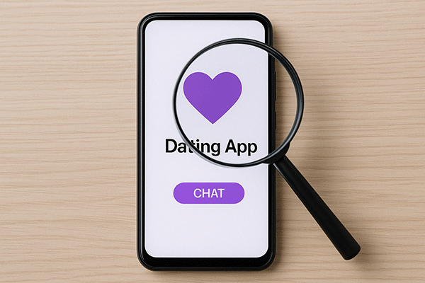 [Image of smartphone with dating app icon and magnifying glass]