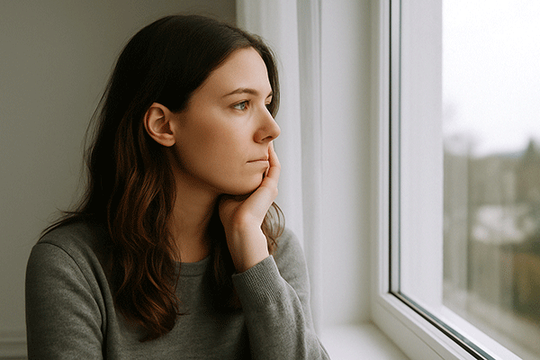 [Imagen de mujer mirando por la ventana pensativa]